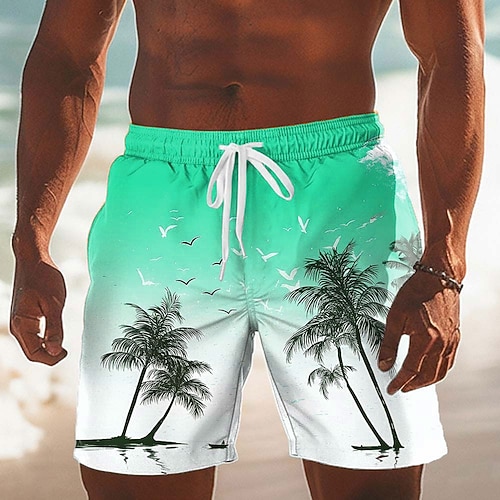 Herren Kokospalme Farbverlauf Tropische Pflanzen Badehosen Badeshorts Boardshorts Mittlere Taille Hawaiianisch Strandurlaub Seitentaschen Netzfutter Elastischer Kordelzug in der Taille Designer Image