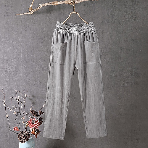 Damen-Sommerhose aus 100 % Baumwolle/Leinen, einfarbig, klassisch, knöchellang, mittelhoher Bund, Taschen, locker geschnitten, mit elastischem Kordelzug, bequem, atmungsaktiv, weich, mikroelastisch, lässig, für den Alltag, schwarz Image