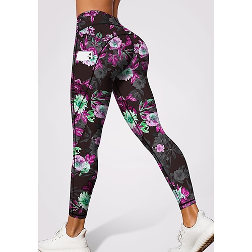 Damen Pilates-Leggings Fitnesshose Lässige Leggings Taschen Stempelsteuer Patchwork Pilates Fitnessstudio Fitnesstraining Hosen Strumpfhosen Leggings Farbblock Blumenmuster Blumendruck Waldgrün Image