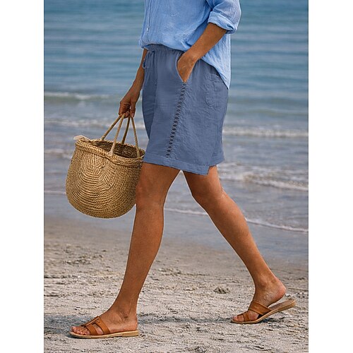 Damen Weites Bein Shorts Sommershorts 100% Baumwolle Mode Kurz Natürliche Taille Einfach Seitentaschen Ausschnitt Komfort Unelastisch Urlaub Dunkelgrau Weiß Khaki Hellgrau Sommer Frühling Herbst Image