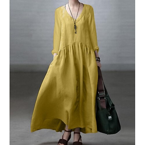 Damen Baumwoll-Leinen Maxi Kleid A-Linie Kleid Lässig Alltag Lockerer Schnitt Einfarbig Langarm V-Ausschnitt Schwarz Weiß Gelb Armeegrün Sommer Frühling Herbst Image