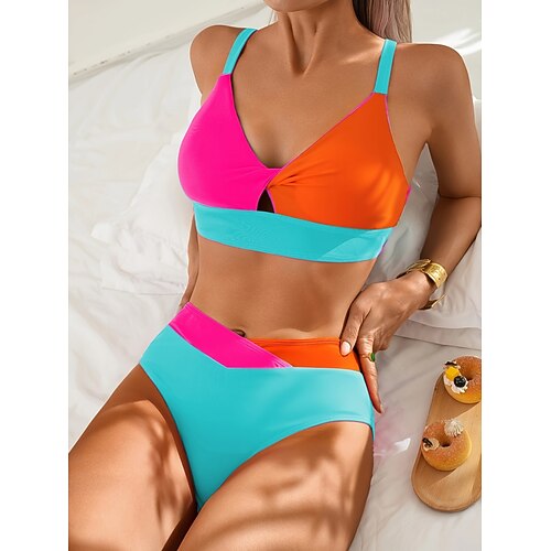 Damen Badeanzug Bikini Zweiteilig Freche Unterhose Bademode Schlank Rückenfrei Urlaub Strandbekleidung Farbblock V Ausschnitt Ärmellos Badeanzüge Image