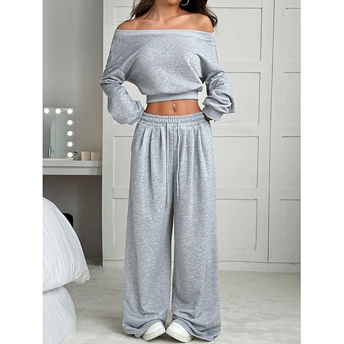 Damen Zweiteilige Sets Hosen-Sets Bolero-Oberteil Langarm Schulterfrei Einfarbig Elegant Mode Streetwear Lässig Täglich Outdoor Wein Dunkelpink Purpur Frühling Normale Passform Image