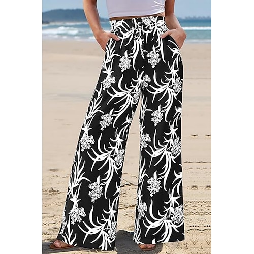 Damen Weites Bein Chinos Urlaub Mode Streetwear Volle Länge Hohe Taille Blumen Tasche Elastischer Bund Bequem Weich Dehnbar Outdoor Urlaub Straße Blau Schwarz Orange Grün Sommer Frühling Herbst Image