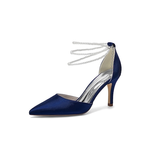 Elegante Brautschuhe für Strandhochzeiten: Silberne, spitze Satin-Pumps mit Perlen-Knöchelriemen Image