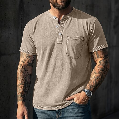 Herren Henley Hemd Hemd aus 100 % Baumwolle in Säurewaschung T-Shirt Kurzarm Einheitliche Farbe Retro Vintage Lässig Vintage-Stil Stückgefärbt Verblasst Henley Lässig Sommer Frühling Herbst Schwarz Image