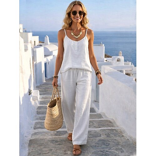Damen Baumwoll-Leinen-Sets Weste aus Baumwollleinen Hosen-Sets Ärmellos V Ausschnitt Einfarbig Mode Streetwear Lässig Täglich Outdoor Blau Weiß Hellgrau Sommer Normale Passform Image