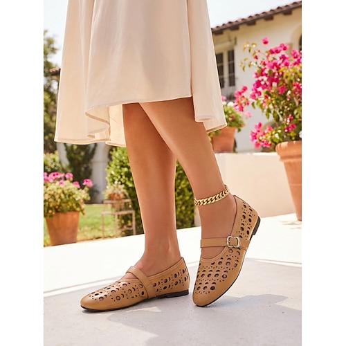 Weiße, lasergeschnittene Mary-Jane-Ballerinas für Damen – atmungsaktive, hohle Ballerinas mit Schnallenriemen für Outdoor-Resorts und tropische Urlaube Sommerreisen Image