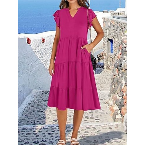 Damen Knielanges Kleid Freizeitkleid Sommerkleid Elegant Mode Modern Outdoor Urlaub Ausgehen Normale Passform Einfach Kurzarm V Ausschnitt Schwarz Armeegrün Rote Burgunderrot Sommer Frühling Image