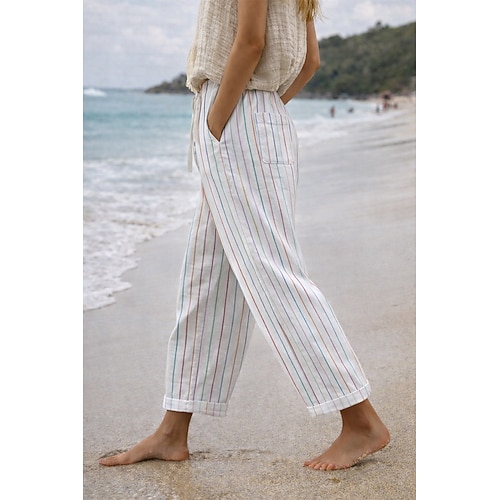 Damen Stoffhosen Sommerhose Streetwear Lässig Volle Länge Natürliche Taille Blumen Einfach Gestreift Tasche Drucken Elastisches Kordelzugdesign Bequem Außenbereich Alltagskleidung Ausgehen Magenta Image