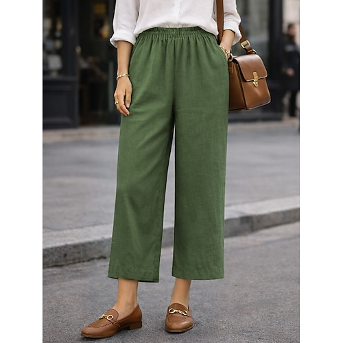 Damen Hose aus Baumwollleinen Weites Bein Chinos Baggy-Hosen Mode Streetwear Einfach Knöchellang Hohe Taille Einfach Maillard Tasche Elastischer Bund Baggy Komfort Atmungsaktivität Weich Image