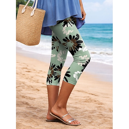 Damen Leggings Urlaub Vintage Mode Capris Hohe Taille Blumen Grafik Drucken Komfort Weich Atmungsaktiv Dehnbar Lässig Täglich Büro Blau Rosa Grün Khaki Sommer Frühling Schmale Passform Image
