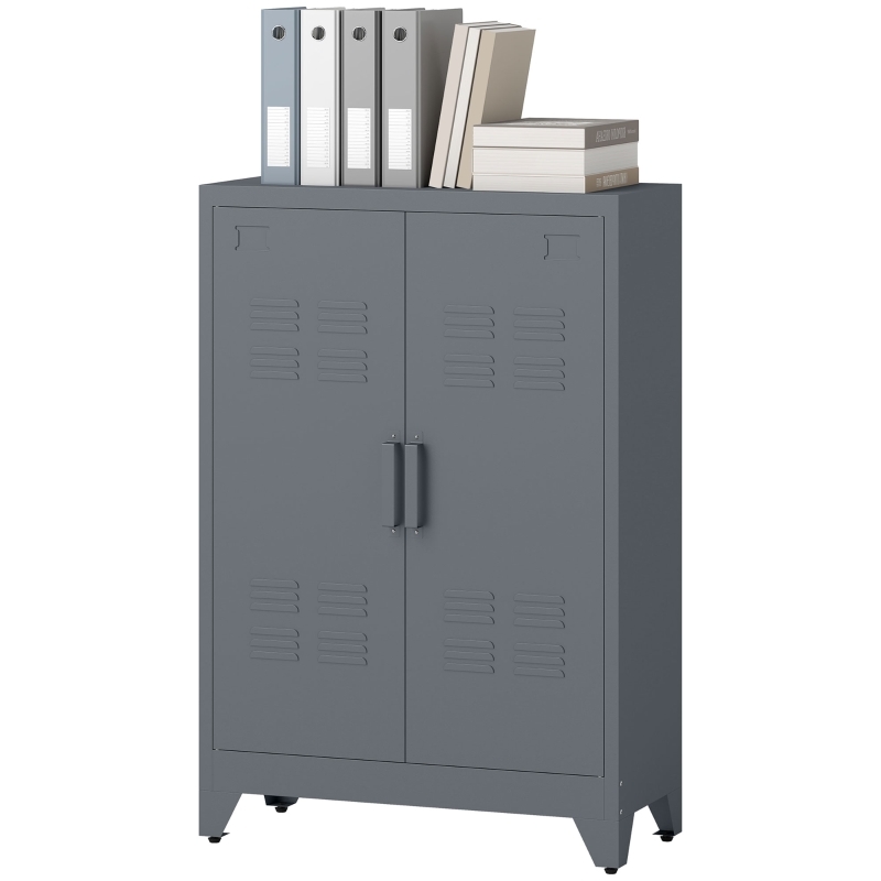 OKWISH Aktenschrank Metallschrank 75x33x110 cm mit Lamellentüren und 2 verstellbaren Einlegeböden Grau für Büro und Haushalt Image