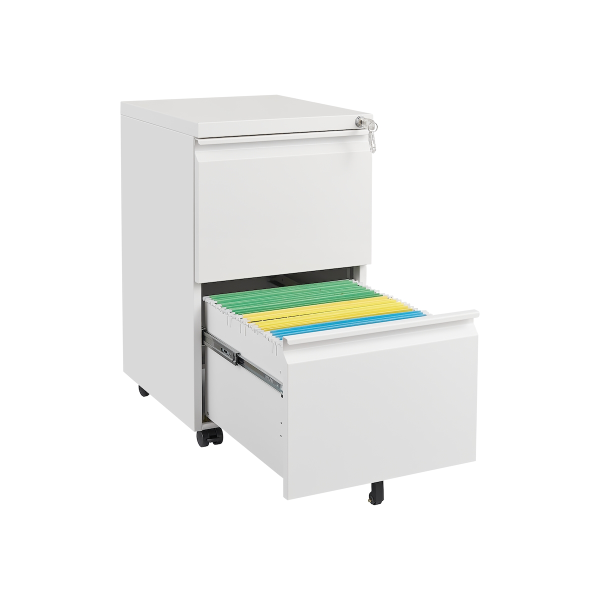 OKWISH Mobiler Rollcontainer Aktenschrank Metall Weiß 68x39x45 cm mit 2 Schubladen abschließbar Vollauszug Hängeregister pflegeleicht Image