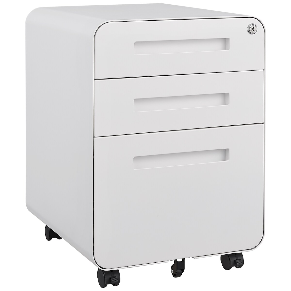 OKWISH Rollcontainer Aktenschrank Metall Weiß 58x40x46 cm mit 3 Schubladen abschließbar Hängeregister Vollauszug auf 5 Rollen für Büro und Homeoffice Image