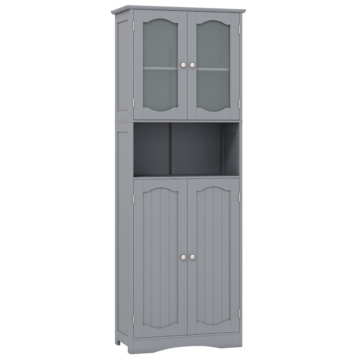COSTWAY Badezimmerschrank, freistehender Hochschrank mit 4 Türen, offenem Fach und verstellbarem Einlegeboden (grau) Image