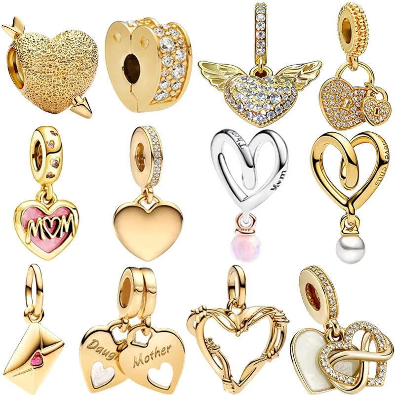 Jetzt Funkelnde Goldene Herzförmige Umschlag-Familien-Multi-Element-Charms Perlenanhänger Clips Passend für Original Europäische Schlangenkette Schmuck Image