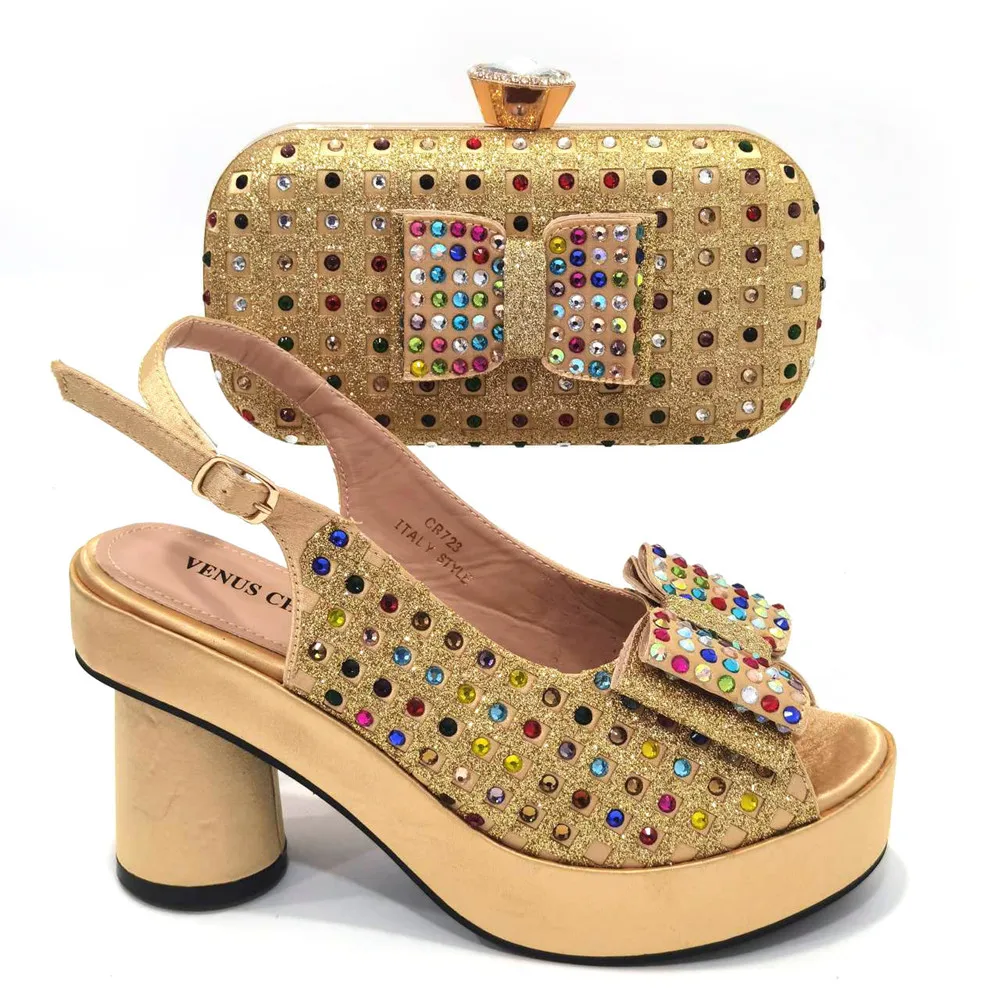 2024 Gold Party Schuh und Tasche für Hochzeit Italien Stil passende Schuhe und Geldbörse Set für Braut Braut High Heels Sandalen Tasche