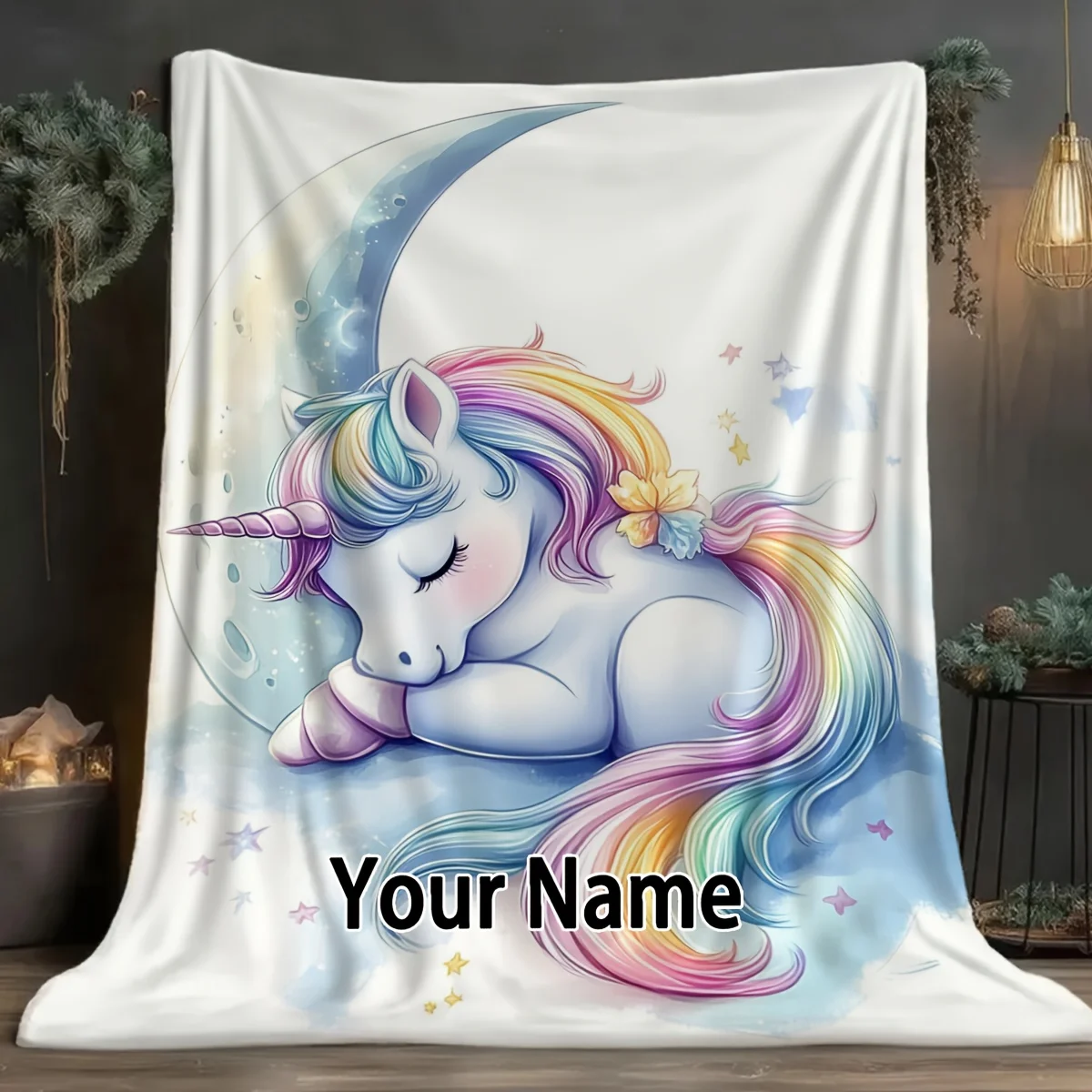 Maßgeschneiderte 1-teilige Decke mit Einhornmuster und anpassbarer Kopie. Weiche und bequeme Flanelldecke in verschiedenen Größen Image