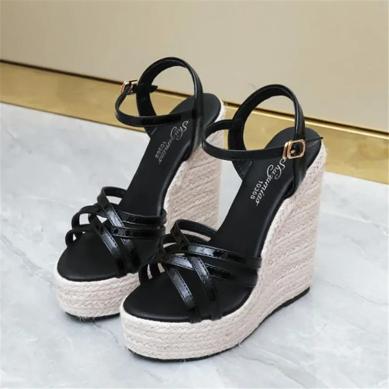 14 cm große Größe 34 43 Mode gewebtes Hanfseil Damenschuhe Schuhe Plateausandalen Lässige Keilabsatz Damenschuhe