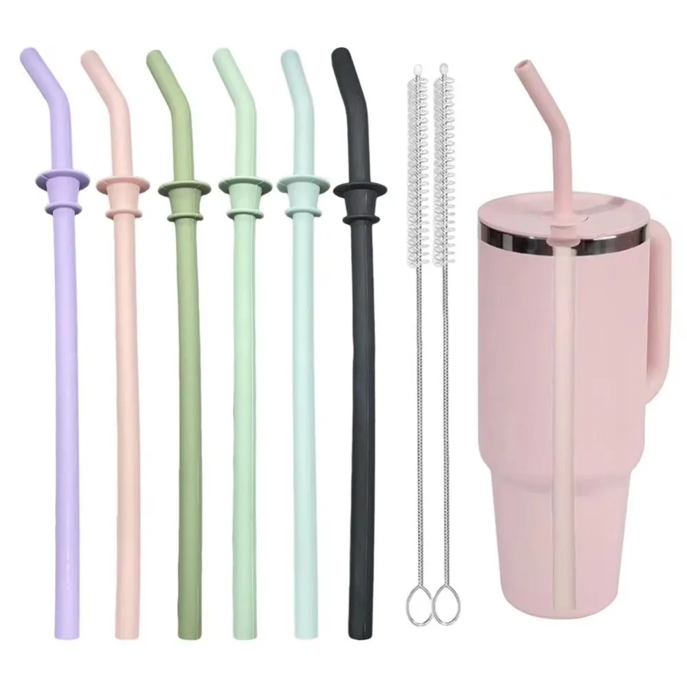 Silicone Reusable Drinking Straws for 40oz Travel Tumbler Long Cleaning Brush Straw for Hydroflask Travel Mug Image