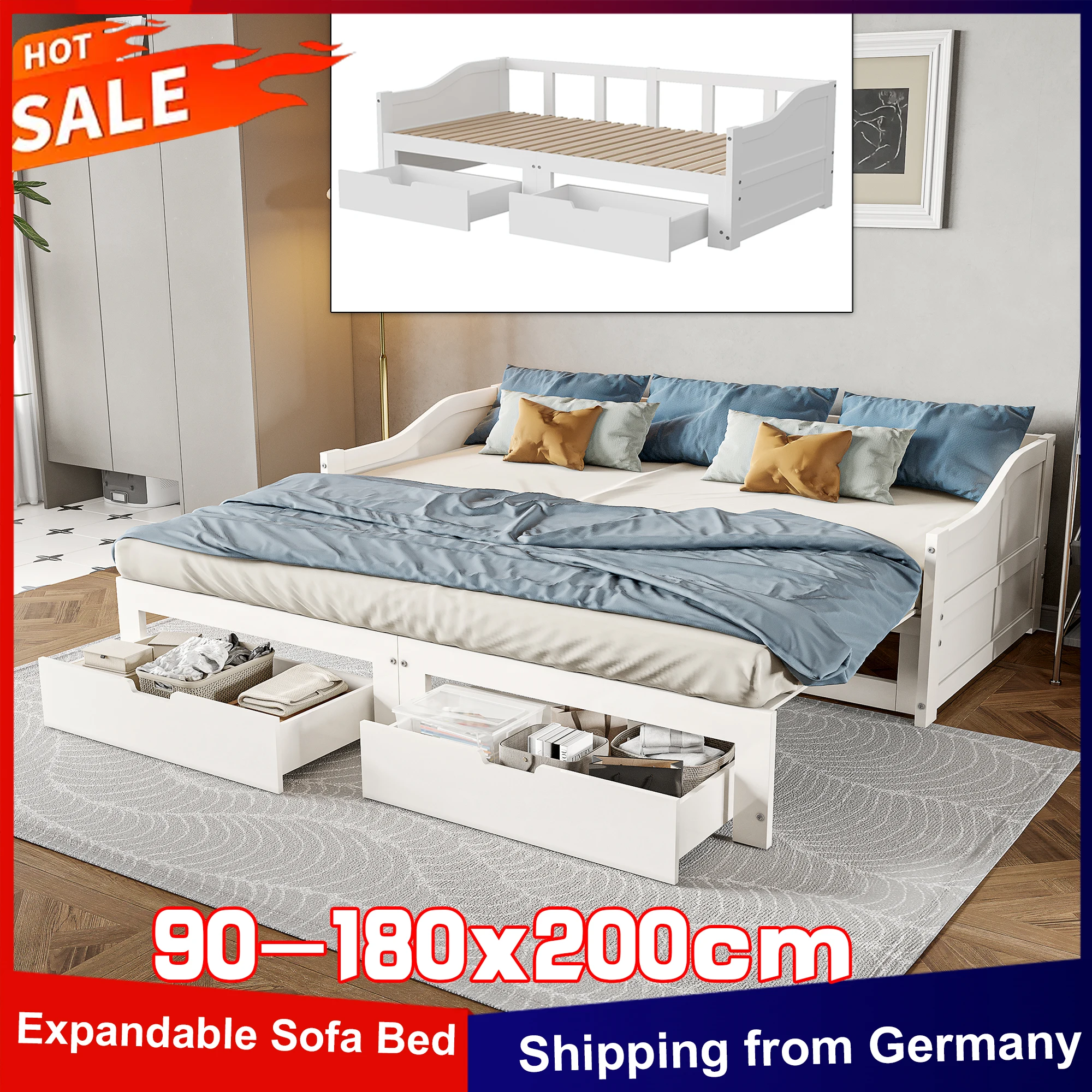 Anajqaqia Erweiterbares Schlafsofa 90–180 x 200 cm, Doppelbett, Tagesbett mit 2 Schubladen und gebogener Armlehne, ausziehbares Bett, Bettgestell, Weiß Image