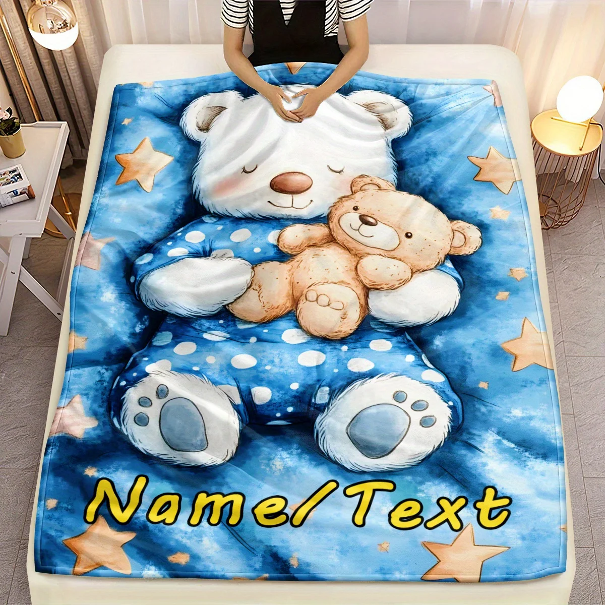 Maßgeschneiderte Name Teddybär verträumte Flanelldecke personalisierte leichte weiche warme Digitaldruckdecke, geeignet für Sofa Image