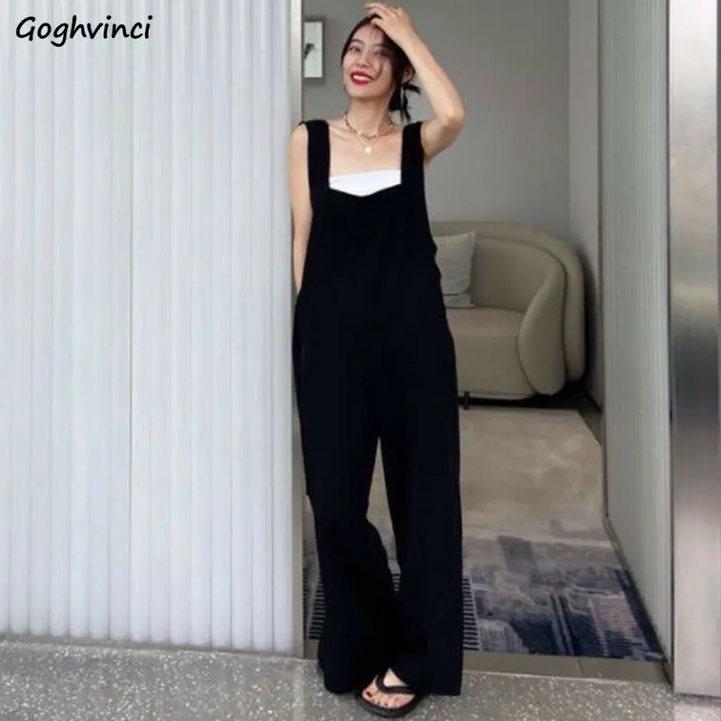 Schwarz Overalls Frauen Baggy Chic Dünne Sommer Mode Temperament Casual Taschen Vintage Streetwear Dame Koreanischen Stil Minimalistischen Image