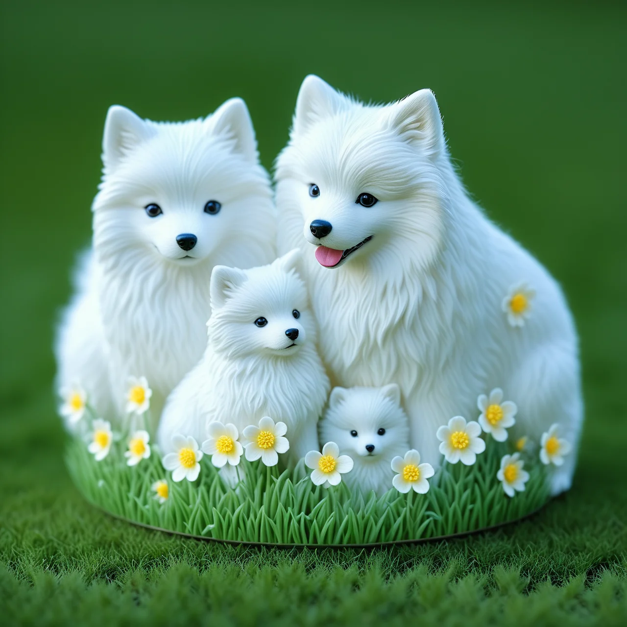 Samojeden-Familie Silikon-Backform Niedliches Weißes Hunde-Eltern-Kind-Design mit Blumenelementen Schokoladen-Fondant Kuchendekoration Form Image