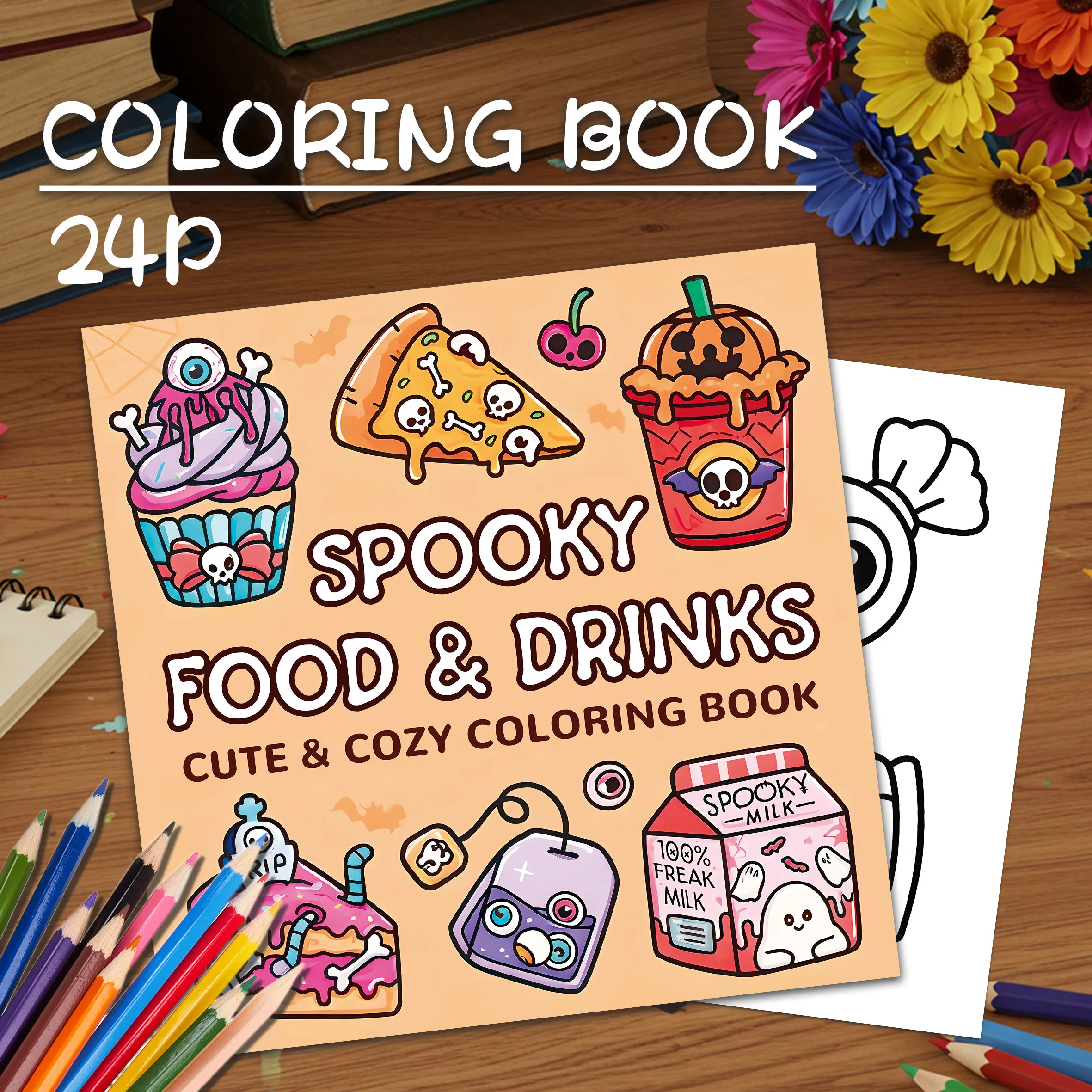 Erschreckendes Malbuch mit Lebensmitteldhema: Tauchen Sie in gruseliger Pizza, Milch und Minikuchen für kreativen Spaß Image