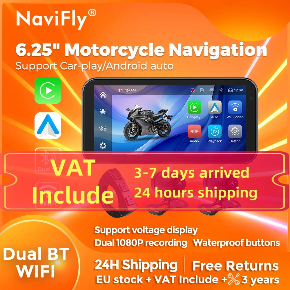 Navifly Tragbare 6,25 "IP67 Wasserdichte Motorrad GPS Navigation Drahtlose Carplay Android Auto Drive Recorder Moto Monitor WIFI Image