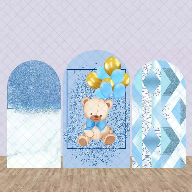 LS Custom 2-seitiger süßer Bär blauer Ballon Kindergeburtstag Party Babyparty deckt Bogen Wand Hintergrund Dekor Hintergrund Foto ab Image