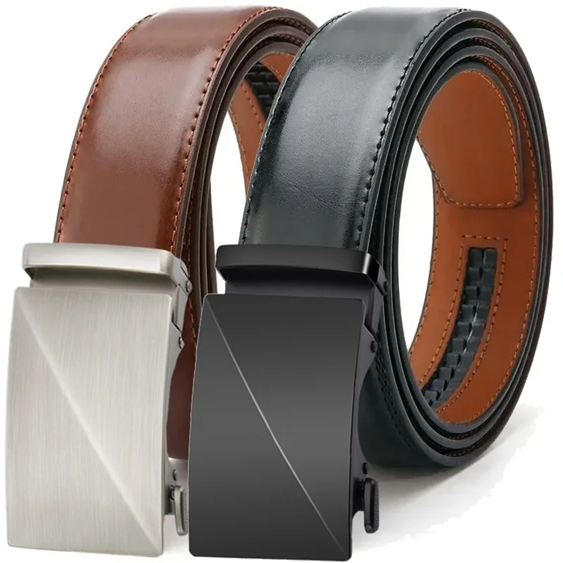 Herren-Gürtel aus Rindsleder, Business-Casual, Glatter Taillengürtel, Schwarz-Braun, Echtes Leder, Automatischer Schnallenverschluss, Casual-Hosengürtel für Herren Mittleren Alters