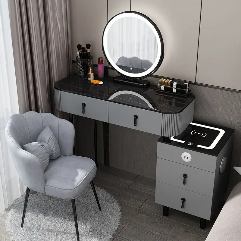 Smarter Schminktisch mit kabelloser Ladefunktion, luxuriöser nordischer Stil, moderner, schlichter Multifunktions-Schminktisch für das Schlafzimmer Image