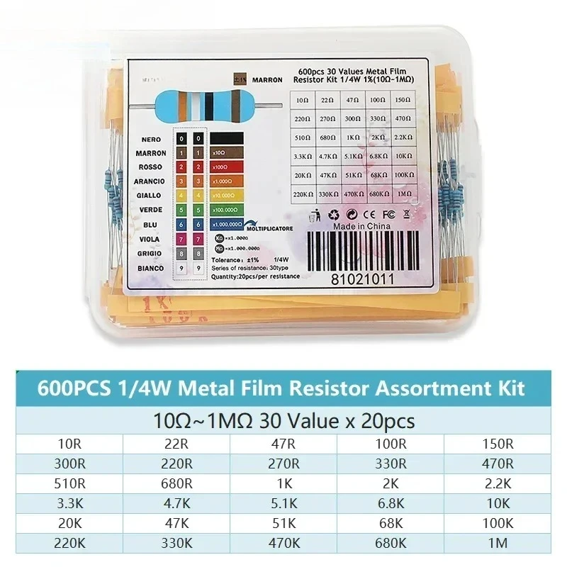 300/600PCS 1/4W 1% Metallschichtwiderstandssatz 30 Werte 1Ω-10MΩ 0,25W Präzisionswiderstände Sortiment für DIY-Elektronik Image