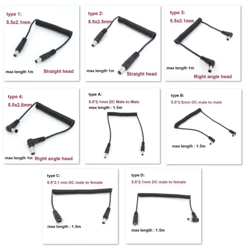 1m 1,5m DC 5,5x2,1mm Stecker auf Winkelstecker Buchse Federkabel 5,5x2,5mm Feder-Verlängerungskabel für LED-Streifen Image