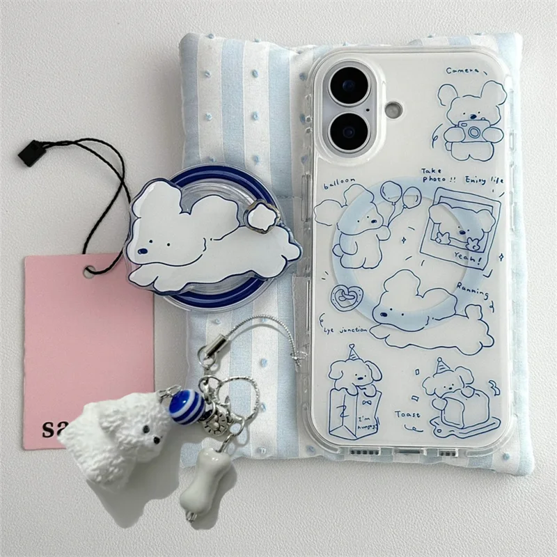 Magnetische blaue Hunde-Handyhülle mit kleinem Hundeanhänger und magnetischer Halterung für iPhone 11 12 13 14 15 16 17 Pro Max Image