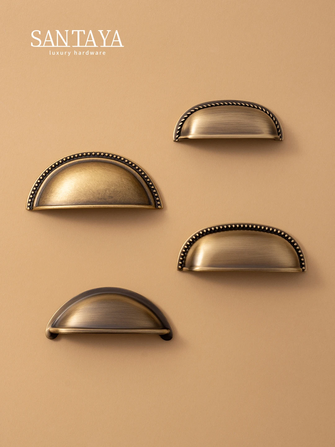 Santaya Griffe aus massivem antikem Messing, muschelförmiger Daumengriff, Küchenschrankgriffe, Möbel, Schubladenknöpfe, Barthegriffe