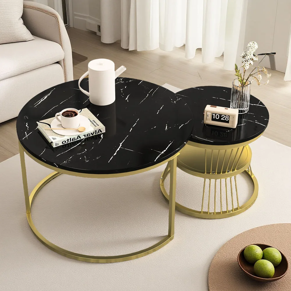 Comanlai Runder Couchtisch-Set Beistelltisch mit Marmorfurnier Stauraum und Metallrahmen Sofatisch für Wohnzimmer Schlafzimmer Image