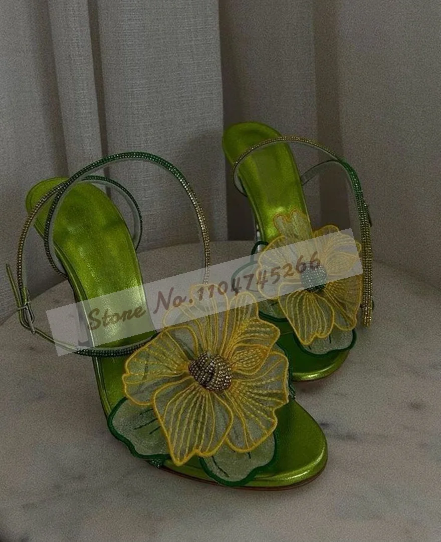Silber Metall Klinge Ferse Fee Blume Sandalen Frauen Elegante Lila Grün Mesh Blossom Hochzeit Pumps Glitter Kristall Strap Schuhe