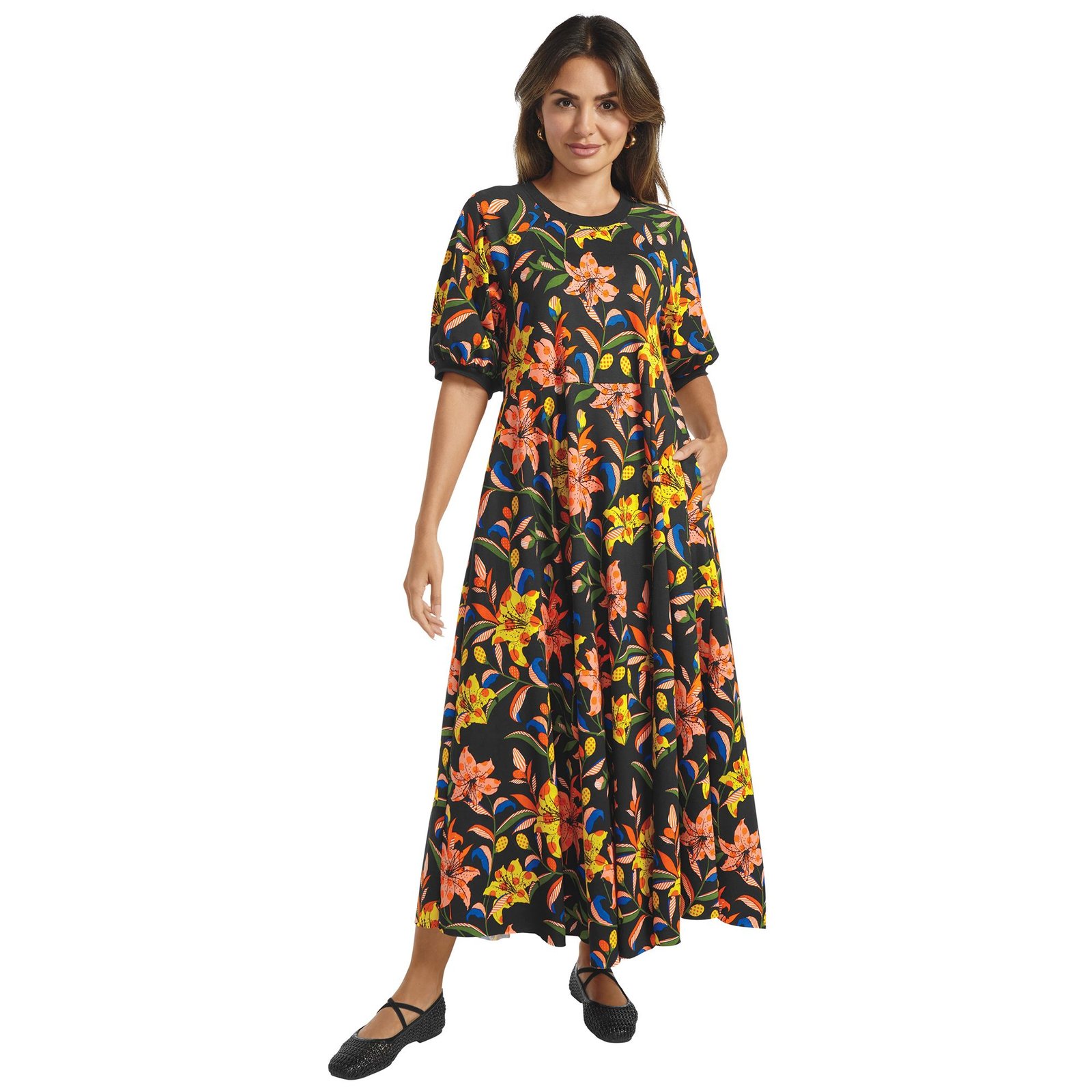 Masseys Daily T-Shirt Maxi Dress (Size 5X) Black/Multi Floral, Cotton