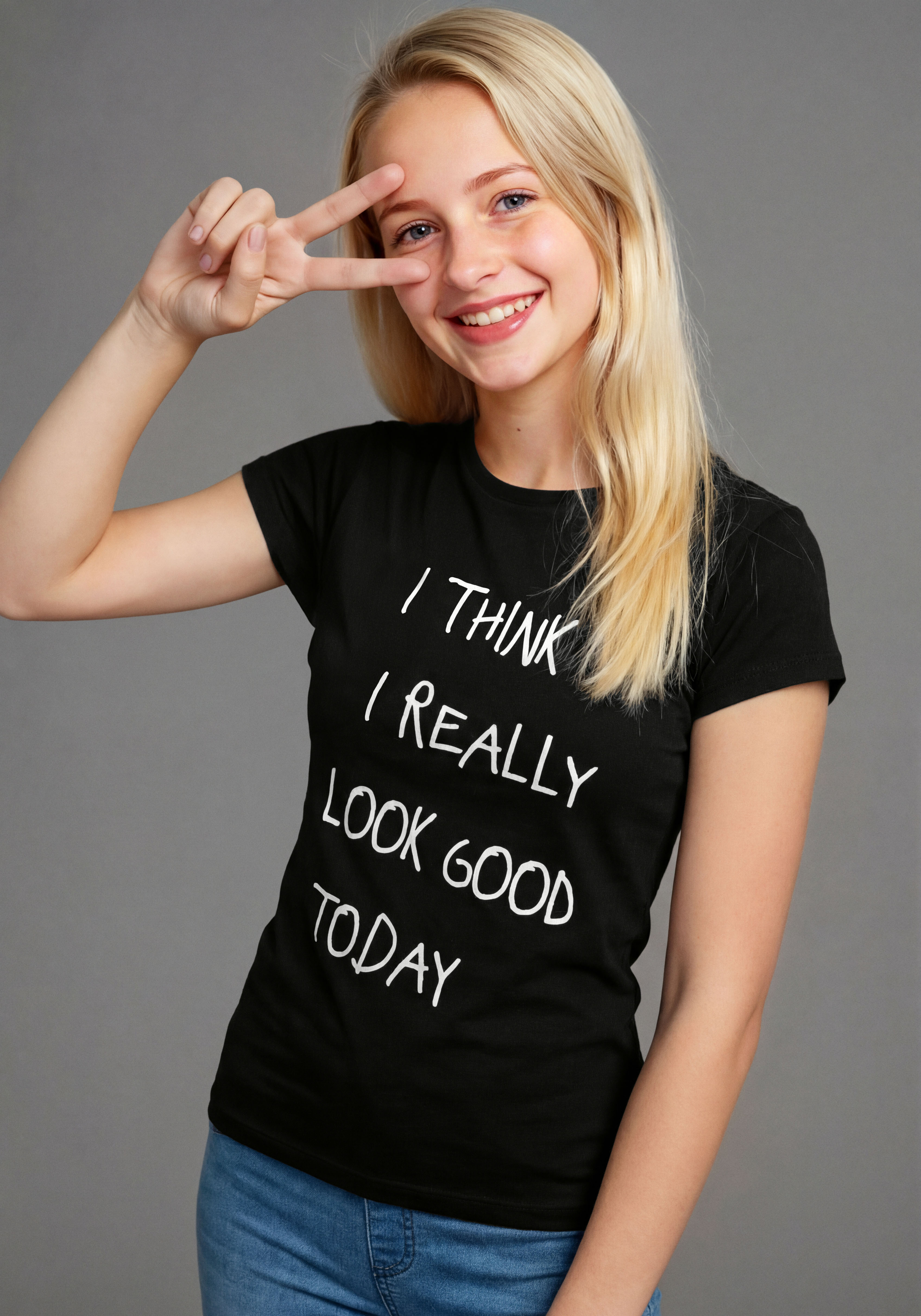 T-Shirt KIDSWORLD "Lässiger Spruch: I THINK I LOOK REALLY GOOD TODAY", Mädchen, Gr. 152/158, schwarz, Single Jersey, Obermaterial: 100% Baumwolle, bedruckt, Basic, Rundhals, Shirts T-Shirt, für Mädchen, Kurzarm, Rundhalsausschnitt, mit...