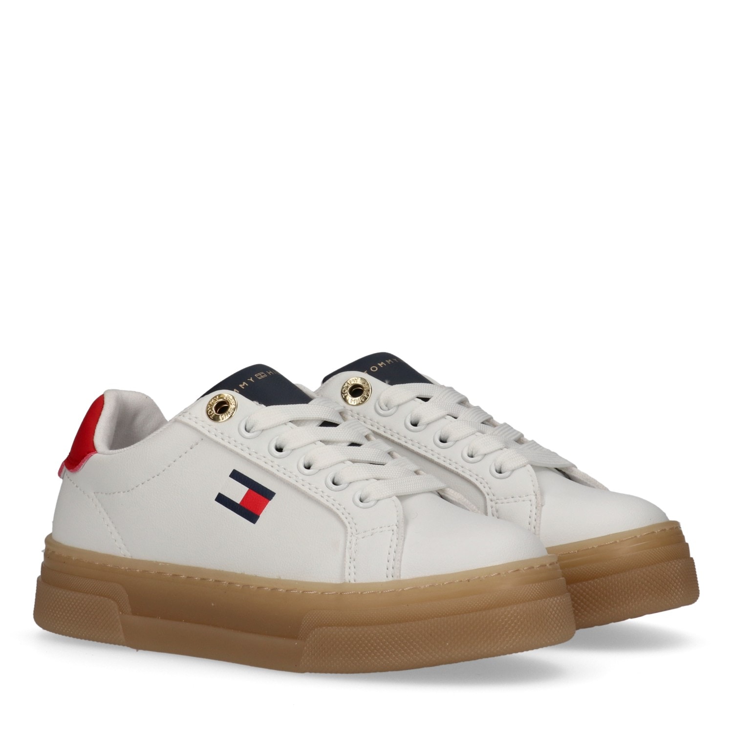 Sneaker TOMMY HILFIGER, Damen, Gr. 35, weiß, blau, rot, Synthetik, Textil, Schuhe Sneaker, Retro Sneaker, Schnürschuh, Halbschuh mit Plateausohle