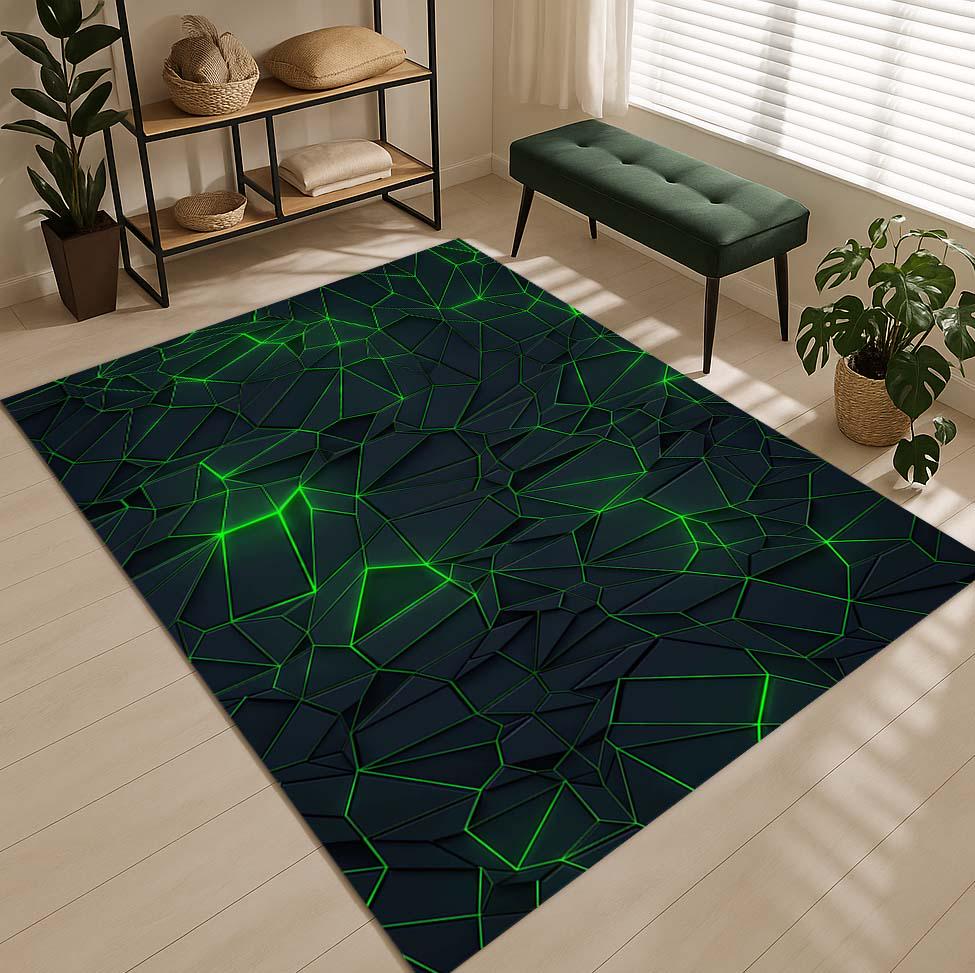 Gamerzimmer Teppich, Neon Look Grüner Teppich, 3D Geometrischer Teppich, Tech Style Teppich, Steampunk Teppich, Dark Grid Teppich, Sci Fi Teppich, Gam