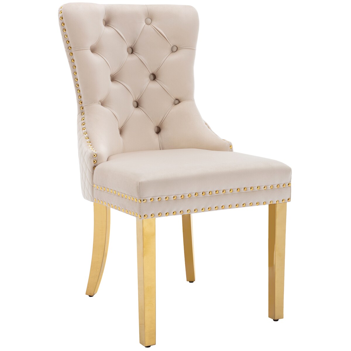 OKWISH Esszimmerstuhl Samt Beige 95x51x66 cm mit Türklopfer Rückseite, Nagelkopfbesatz, vergoldete Edelstahlbeine, verstellbare Füße Image