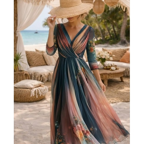 Abito lungo da donna, abito lungo, abito casual, abito svasato, abito floreale, abito estivo, abito boho, vintage, vacanza, quotidiano, vestibilità regolare, floreale, manica lunga, scollo a V, blu estivo.