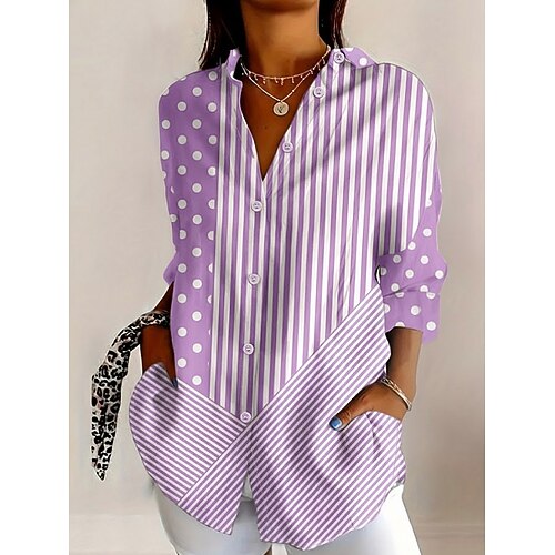 Per donna Camicia Blusa Patchwork Bottoni Stampato Grafico Geometrico Plaid Vintage Tropicale Quotidiano Manica Lunga Colletto a Camicia Top lunghi Quotidiano Blu Rosa Viola chiaro Estate Primavera