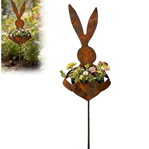 Paletto da giardino in metallo vintage a forma di coniglio, fioriera decorativa a forma di coniglio per giardino pasquale, adatta per esterni, prato, terrazza, decorazione da giardino primaverile,