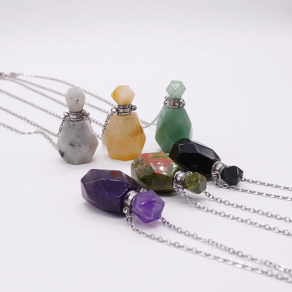 Natürliche Stein Kristall Parfüm Flasche Halskette Rosenquarz Ätherisches Öl Diffusor Anhänger Halskette Amethyst Mode Schmuck Geschenk Image