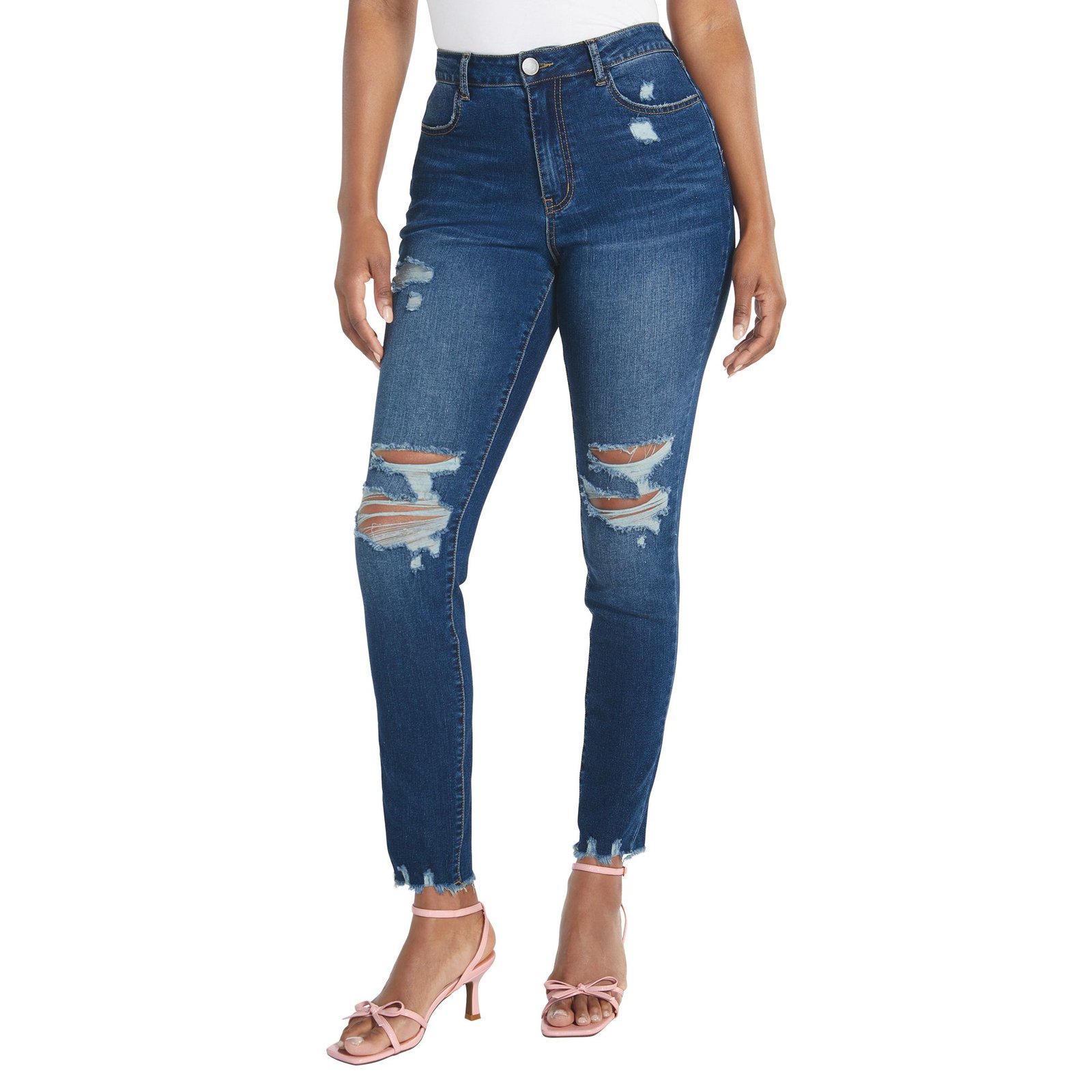 Masseys Destructed Skinny Jean (Size 4) Medium Wash, Cotton,Denim,Spandex